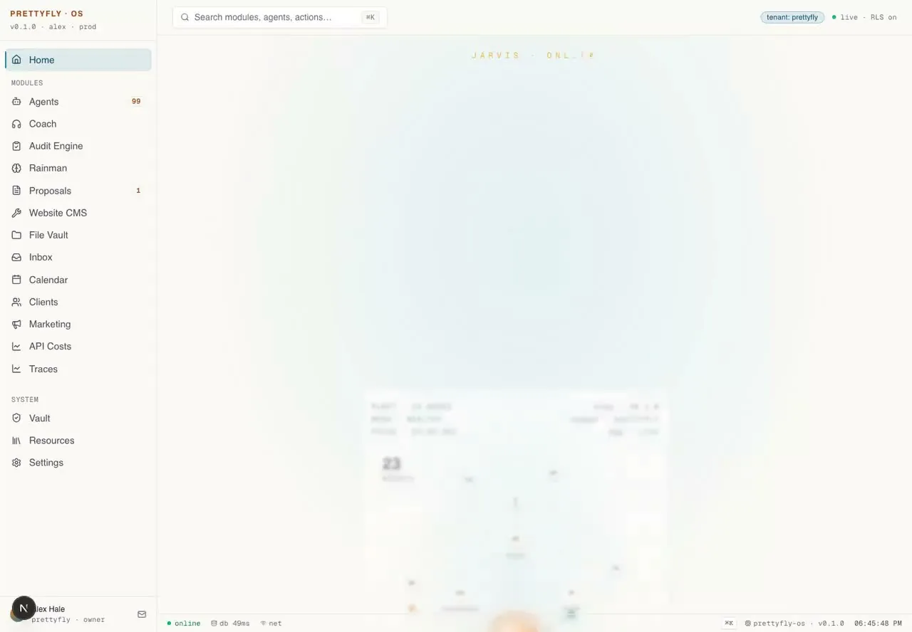 PrettyFly OS, screen 1 of the command center